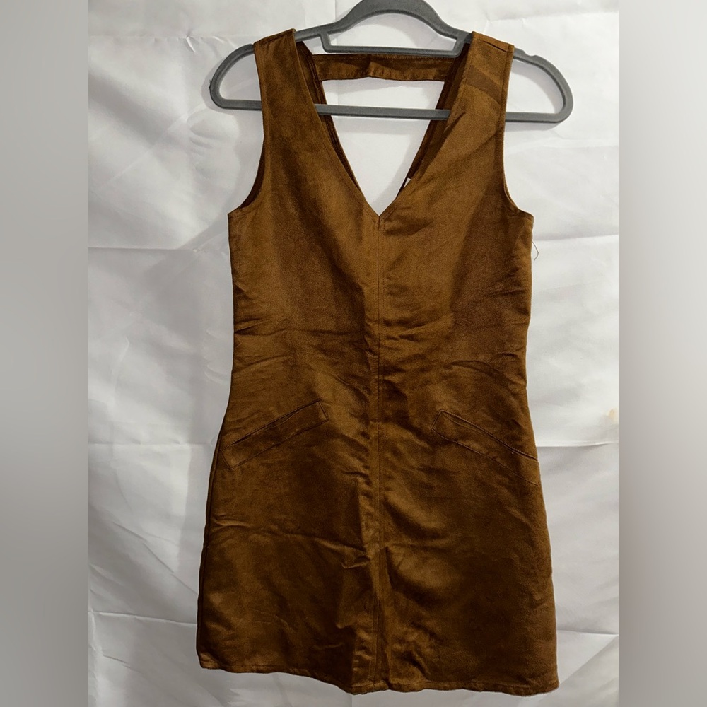 Sleeveless Suede V-Neck Brown Women's Dress